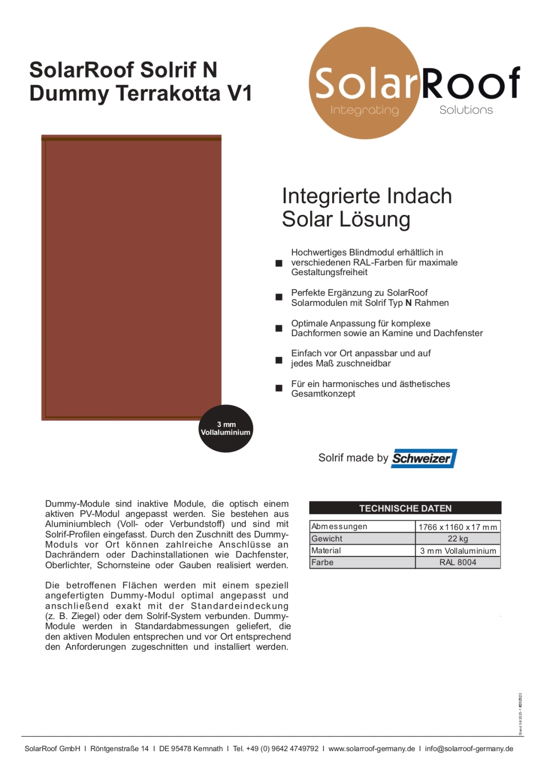 Informationen über SolarRoof Solrif N Dummy Terracotta von SolarRoof GmbH