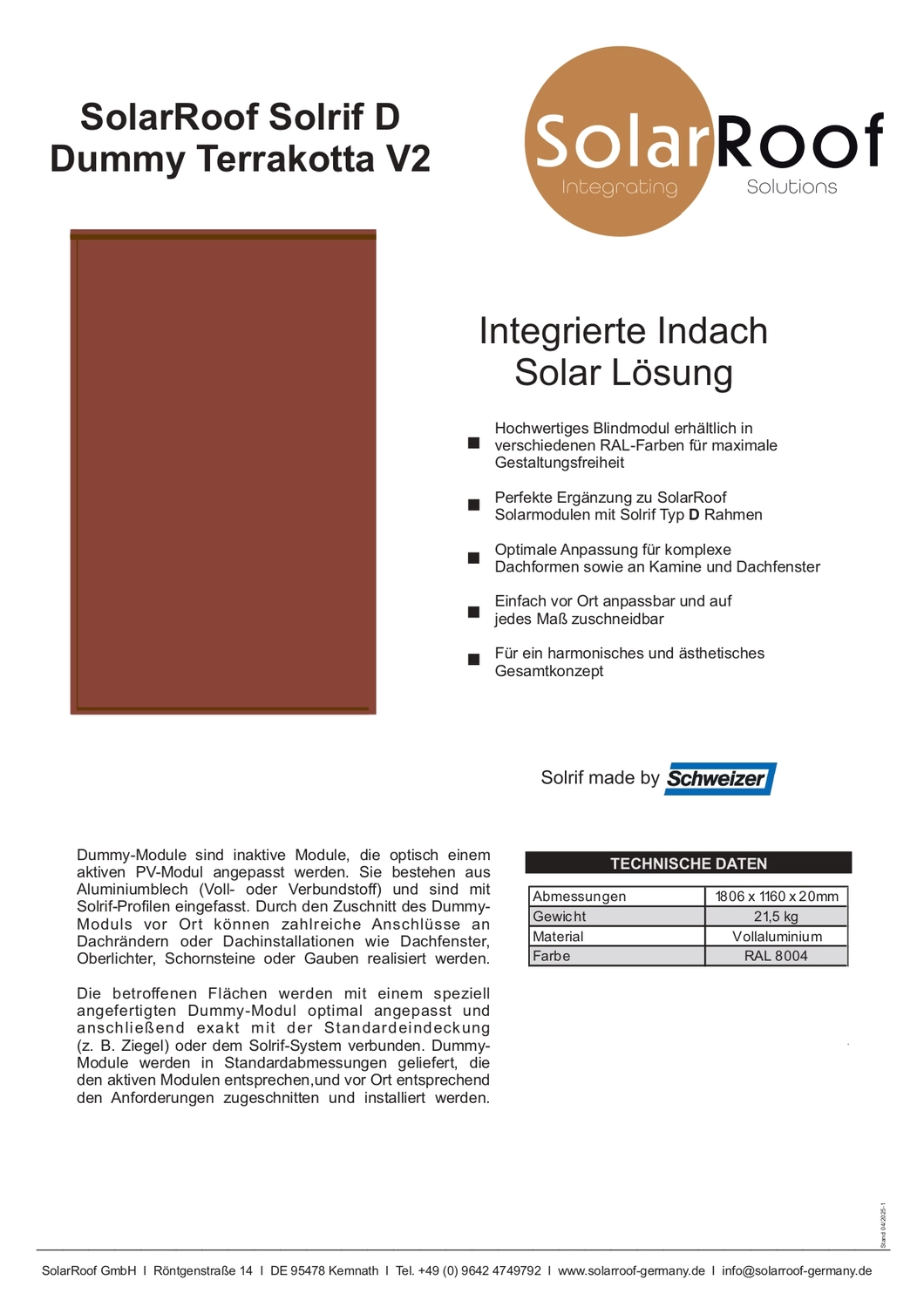 Informationen über SolarRoof Solrif Glas/Folie N-Typ 400W Terracotta von SolarRoof GmbH